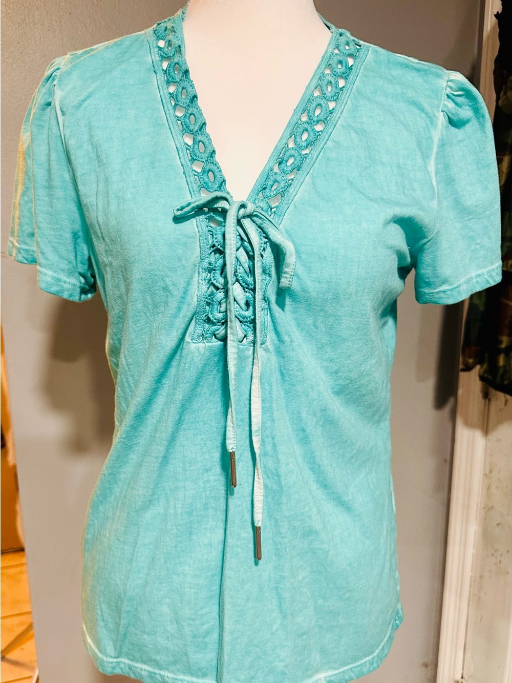 DKNY Aqua Lace-Up V-Neck Short Sleeve Tee